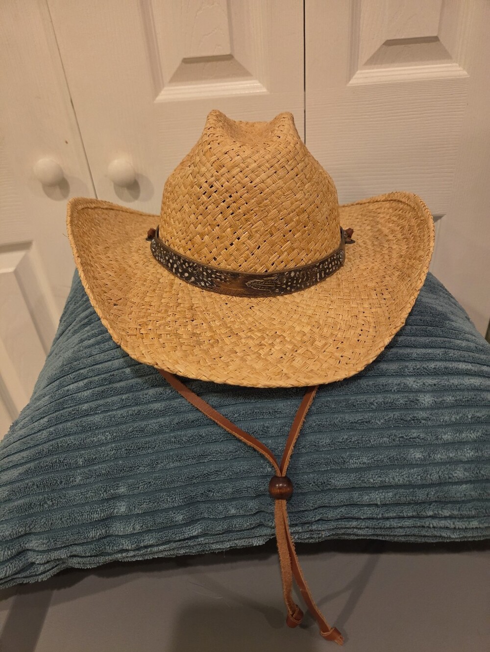 Stetson Natural Straw Cowboy Hat with Brown Leather Chin Strap - Picture 5 of 5